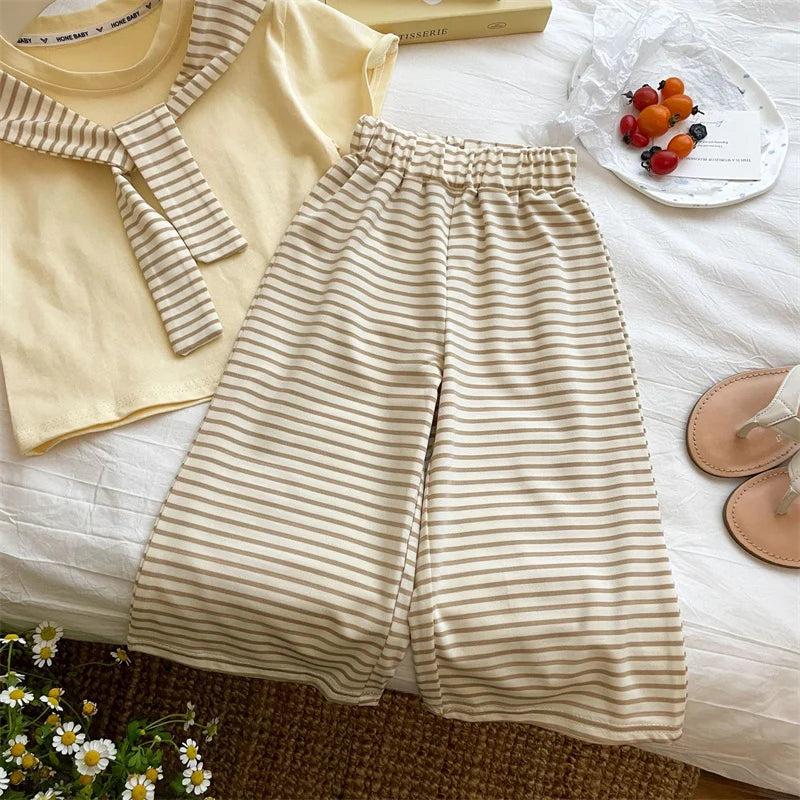 Girls Suit Summer Short-sleeved T-shirt With Stripes Shawls+Pants 2Pcs Outfits Kids Casual Clothes Children's Fashion Sets 1-12Y - Clikcy
