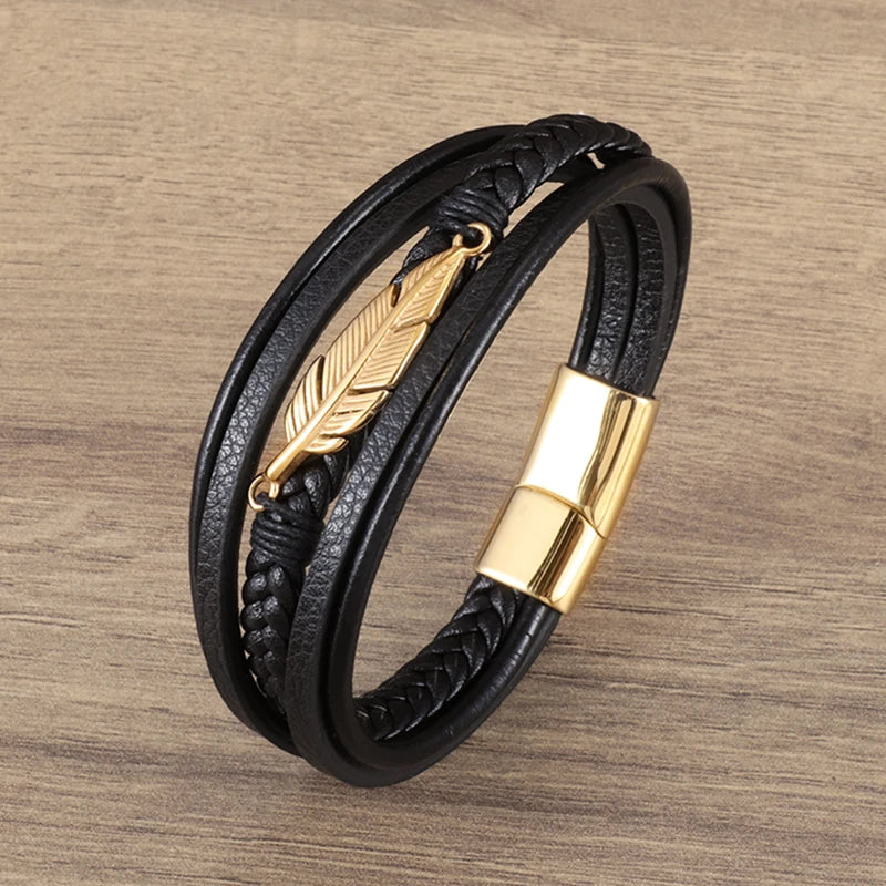 Multilayer Feather Leather Wrap Bracelet Men Classic High Quality Jewelry Gift Male Business Bracelet with Metal Magnetic Clasp - Clikcy