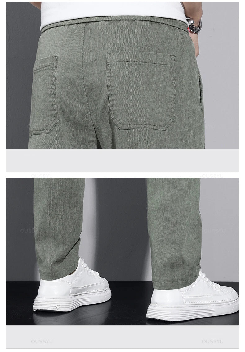 New Spring Summer Cotton Men's Casual Pants Classic Drawstring Elastic Waist Thin Stretch Blue Jogging Work Cargo Trousers Male - Clikcy