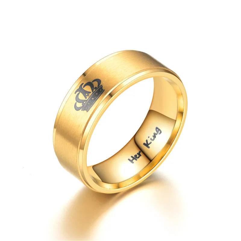 Gold Colour King Queen Crown Stainless Steel Couple Rings for Lovers Promise Men Women Valentine's Day Gifts - Clikcy