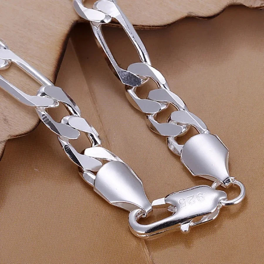 Fine 925 Sterling silver bracelets 6-8mm Women Men chain wedding fashion top quality Silver Jewelry Figaro 20cm - Clikcy
