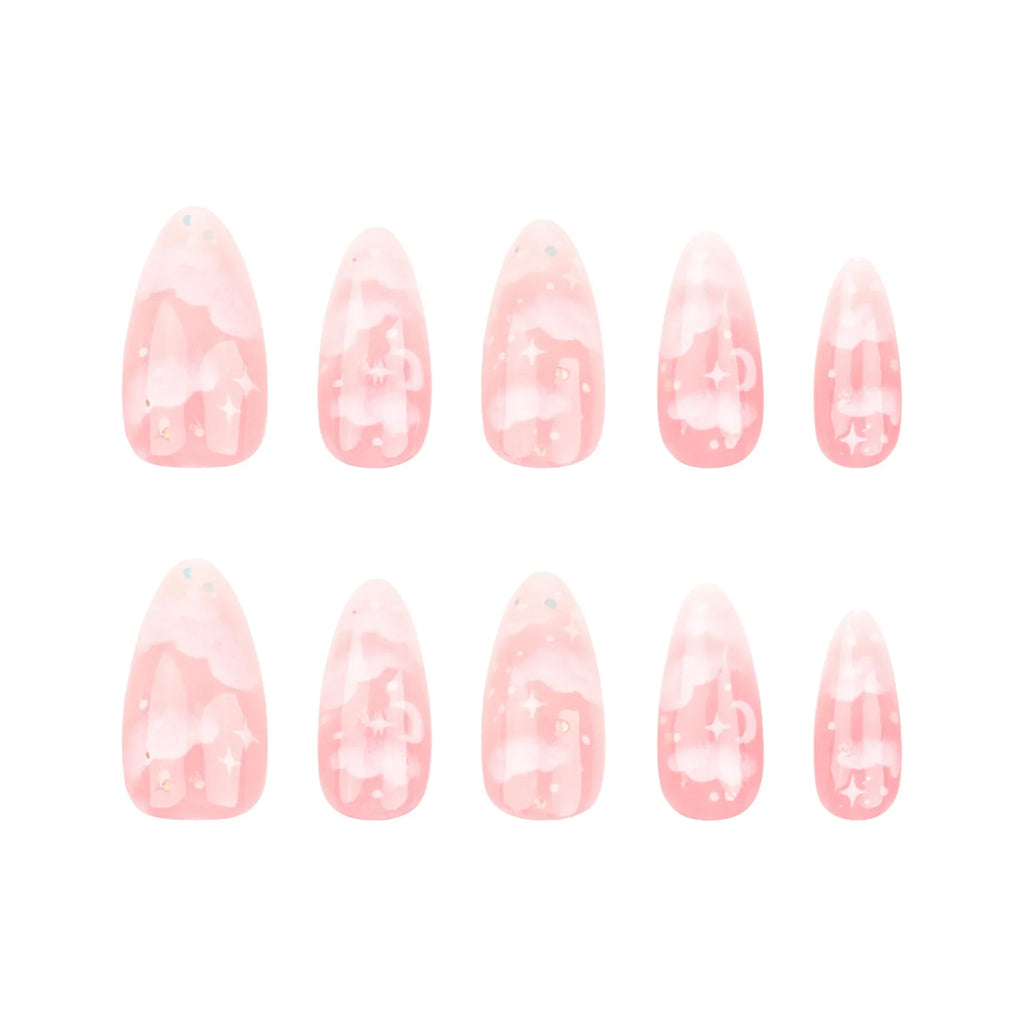 24Pcs Pink Cloud Sweet Star Moon Acrylic Nails Press on Almond Wearable Full Cover False Nails Art Tips Fingernail Beauty - Clikcy