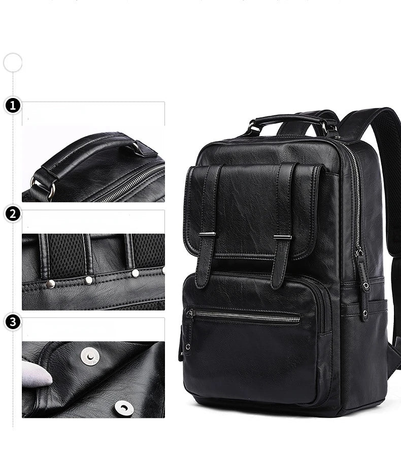Simple Fashion Men's Backpack Soft Pu Leather Backpack Men Large Capacity 14inch Laptop Bag Students Schoolbags Travel Back Pack - Clikcy