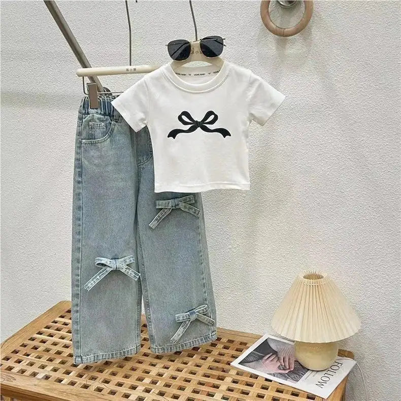 Summer Childrens Girls Clothing Sets Printed Bow Short Sleeve Top Jeans Suit Kids Girls 2pcs Sets 2-8 Years Girls Outfits - Clikcy