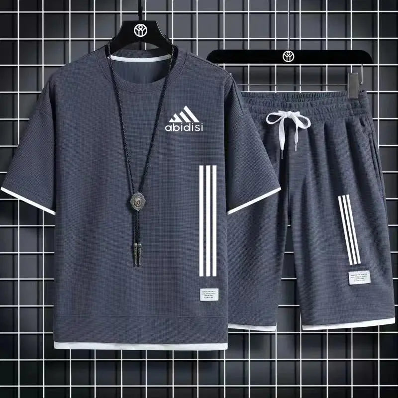 Adida 2024 Man New Tracksuits 2 Piece Short Sleeve Suits Printing T-shirt +Sweatpants Sets Sutdent Casual Summer Sport Clothes - Clikcy
