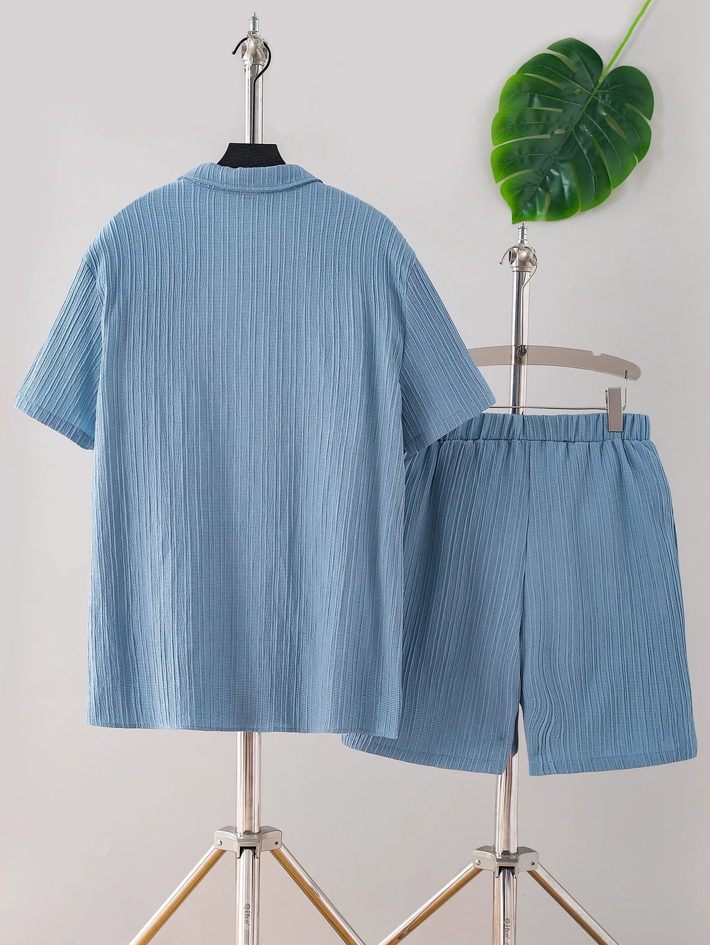 New adult summer open chest button short sleeved+loose shorts casual outfit - Clikcy