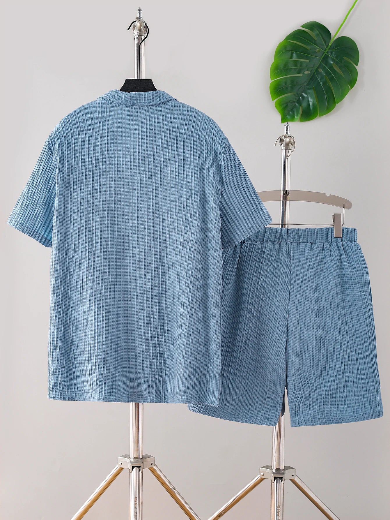 New adult summer open chest button short sleeved+loose shorts casual outfit - Clikcy