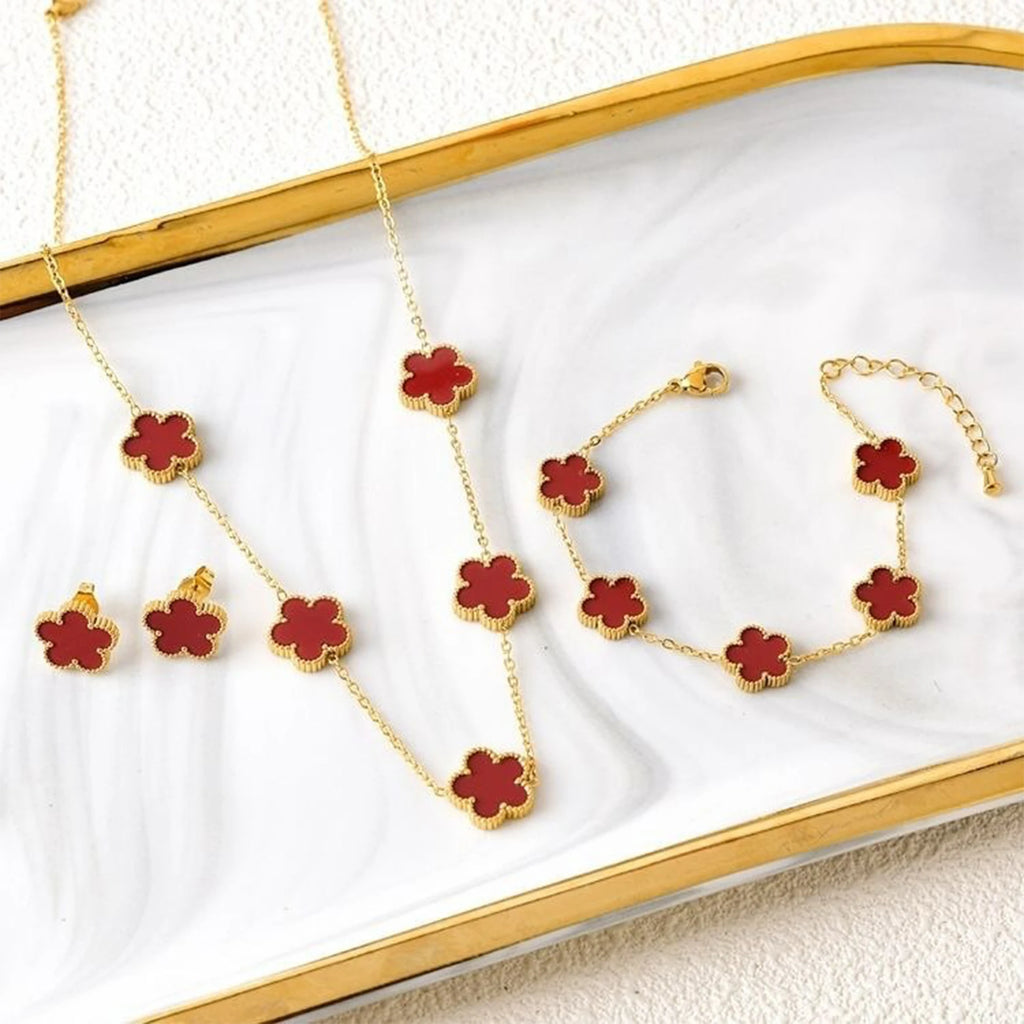 3Pcs 18k Gold-Plated Five-Leaf Flower Necklace Earrings Bracelet Jewelry Set For Woman Fashion Party Jewelry Daily Wear Clover - Clikcy