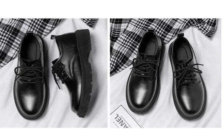 Casual Men's Pure Black Lace-up Height-increasing Business-style Low-heeled, Comfortable and Durable Small Leather Shoes