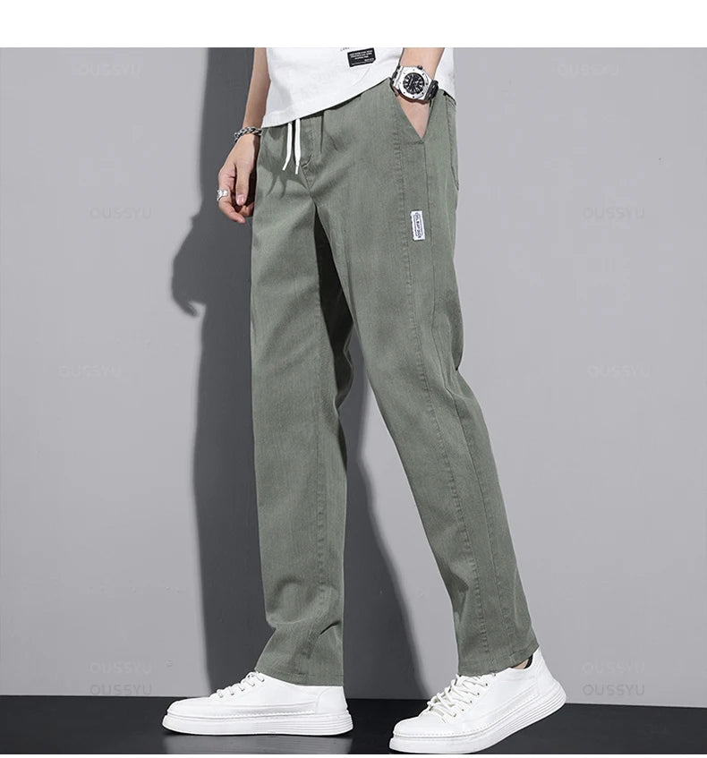 New Spring Summer Cotton Men's Casual Pants Classic Drawstring Elastic Waist Thin Stretch Blue Jogging Work Cargo Trousers Male - Clikcy