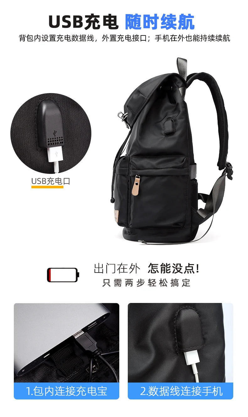 Fashion Men Backpacks Nylon Waterproof USB Charging Bag Casual Travel Korean Stlye Mochila for Travel Vintage School Bag - Clikcy