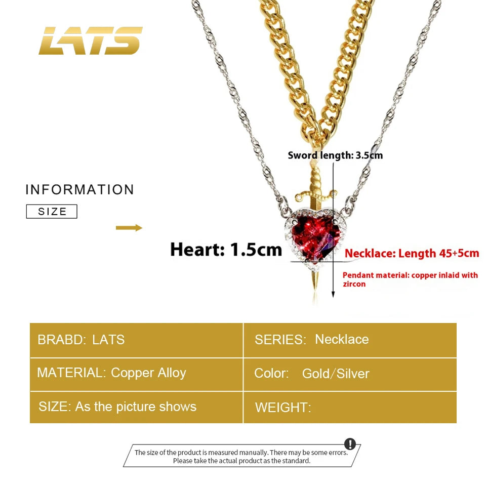 LATS 2pcs Can Be Assembled Heart and Sword Zircon Pendant Necklace for Women Men Couple Silver Gold Plated Choker Chain Jewelry - Clikcy