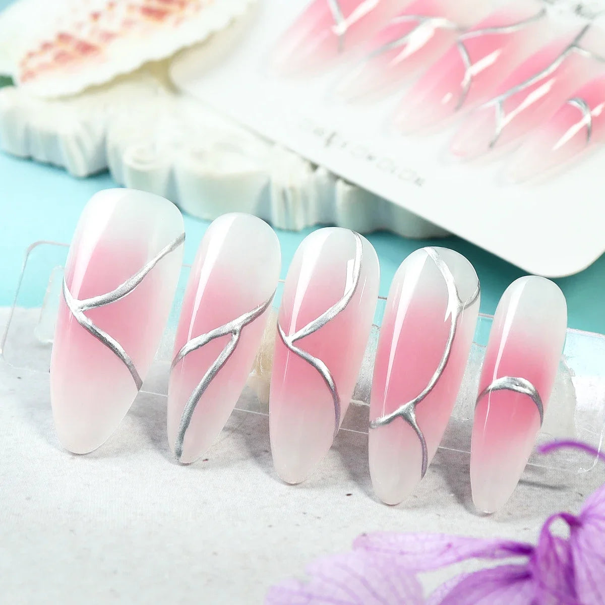 10pcs Handmade Long Press on Nails  Pink Gradient Glossy Blush 3D Silver Cord Art Design Jelly Glue&Nail File,Reusable Fake Nail - Clikcy