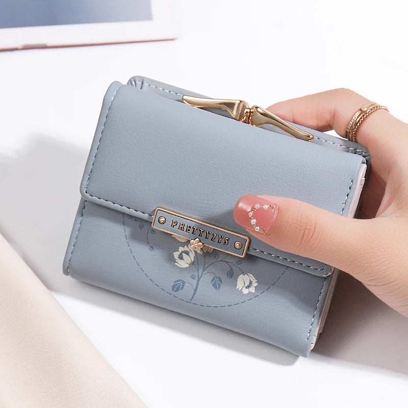 Purse women's summer new Korean PU printed buckle 3 fold bag simple all-in-one short women's money clip multi-card folding flap - Clikcy