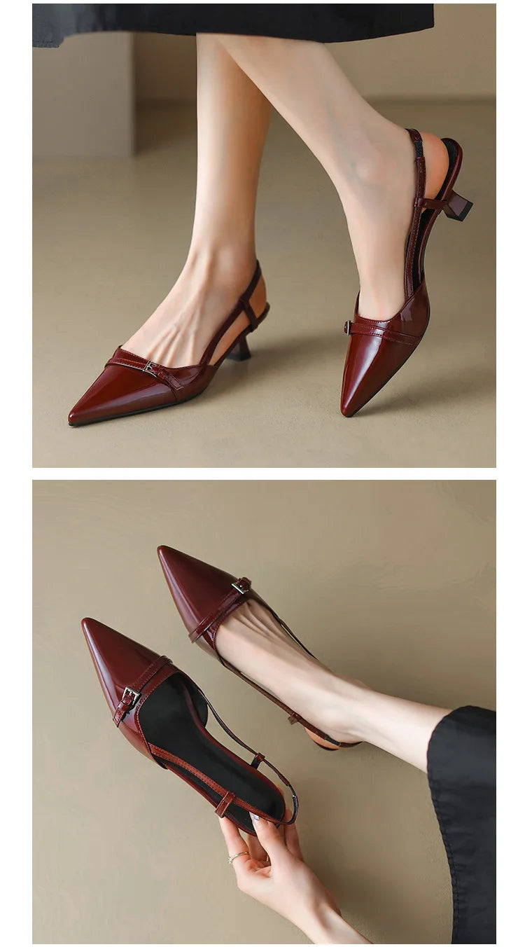 2024 New Summer Women's Dress Shoes Patent Leather Slip on Pointed Toe Sandals Buckle Slingbacks Mid Heels Pumps Sandalias Mujer - Clikcy