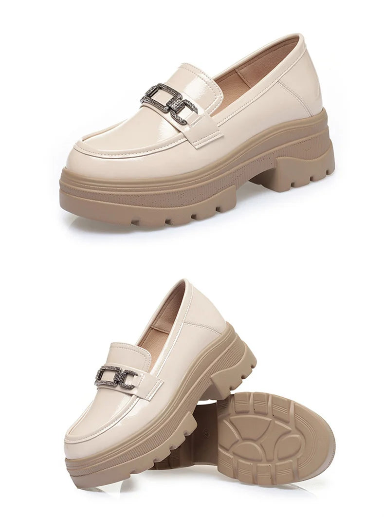 Platform Loafers New Women's Shoes Soft Leather Thick Heels British Small Round Toe Metal Decoration White Leather Shoes - Clikcy
