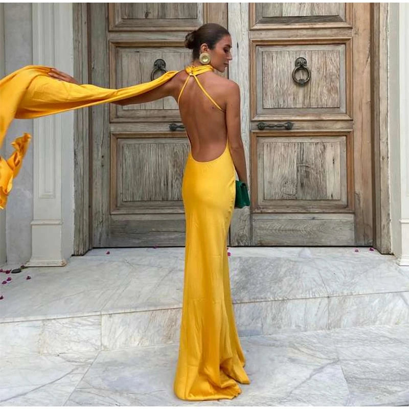 Sexy Satin Ribbon Party Dress Women Elegant Halter Backless Off Shoulder Sleeveless Female Dresses 2024 Summer Solid Robe Gown