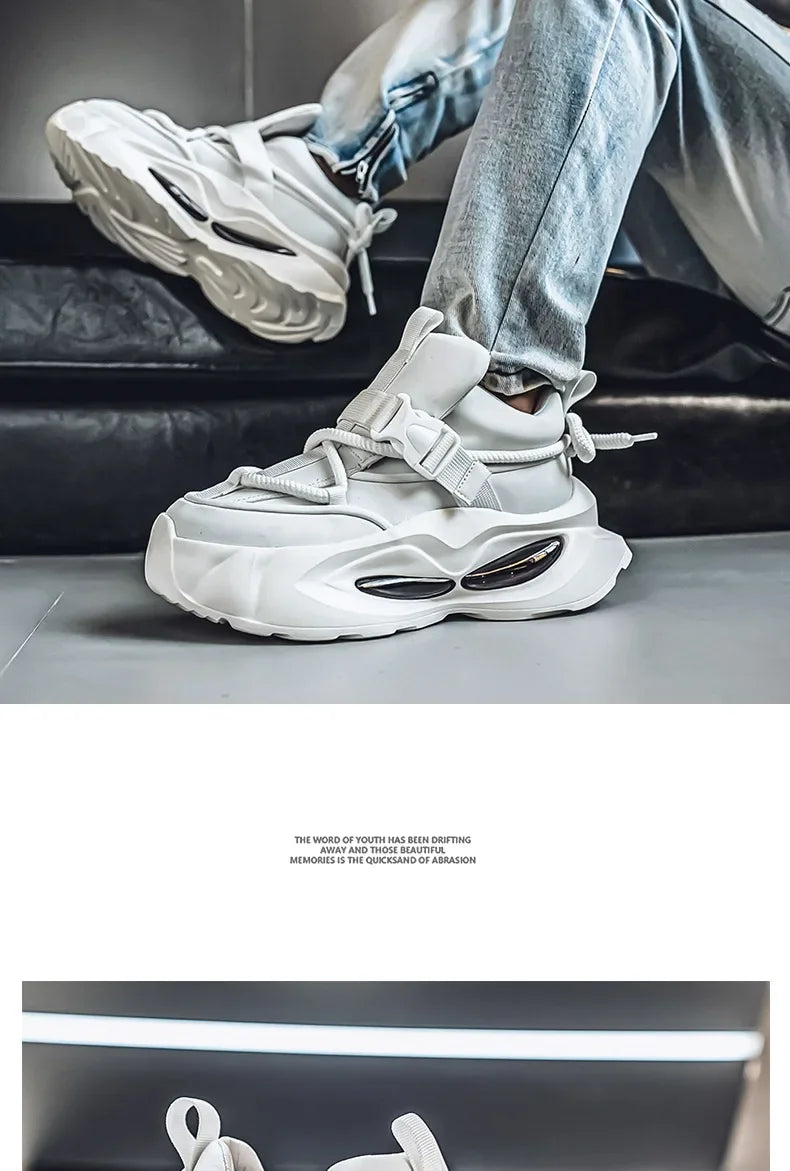 Waterproof Thick Bottom Dad Shoes Outdoor Sports Black Leather Surface Pure Color Spring Autumn Seasonal Style Casual Sneakers