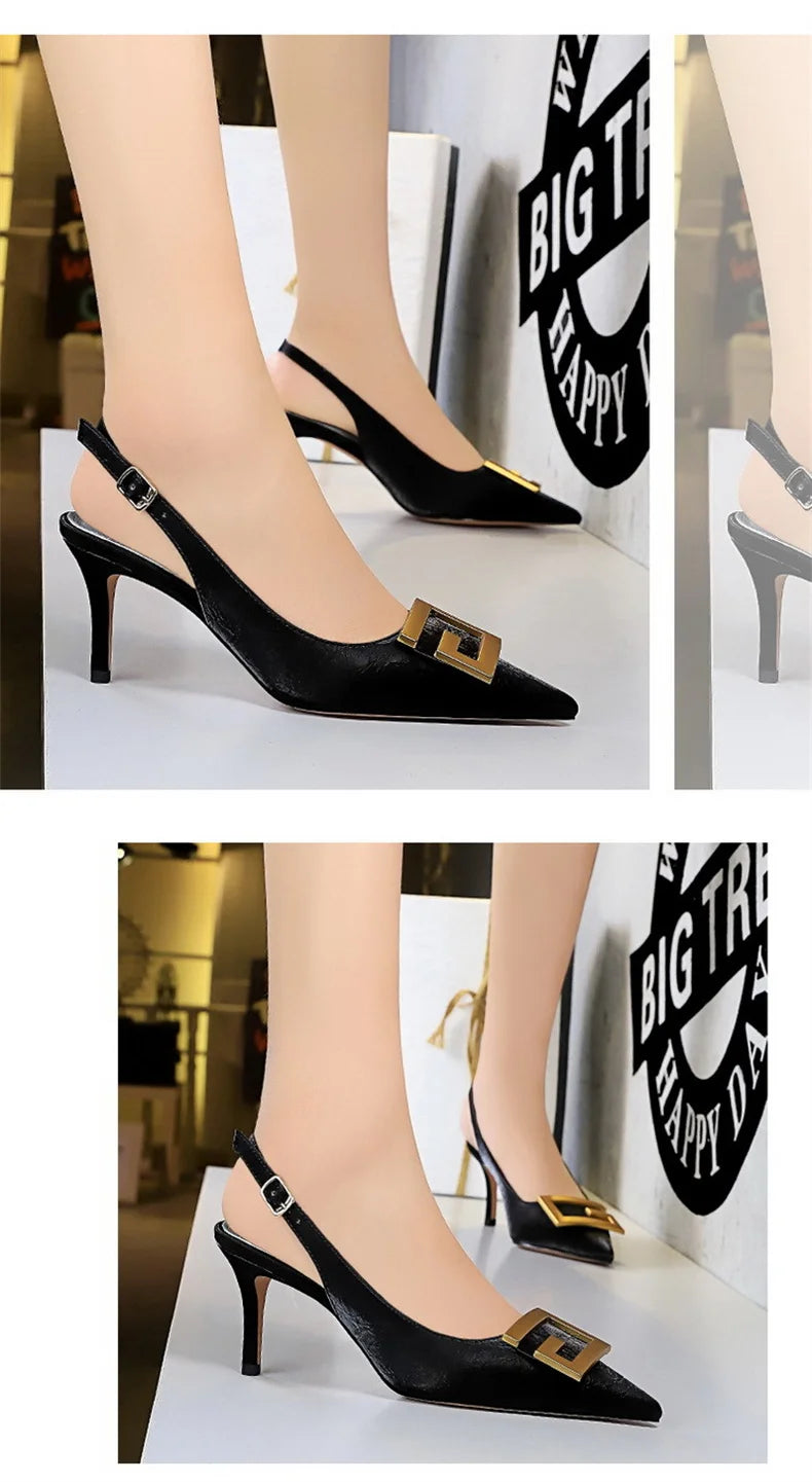 Metal Square Buckle Thin Heel Party Shoes Black Green White Woman Pointed Toe Hollow Back Strap Pumps Middle Heel Sandals - Clikcy