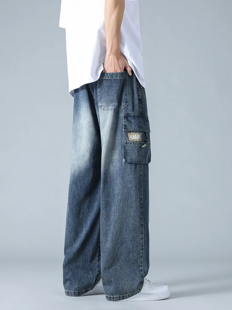 Summer Men's Straight Jeans Multi-Pockets Wide Leg Denim Cargo Pants 8XL 7XL 6XL Big Size Lightweight Baggy Jeans Trousers - Clikcy