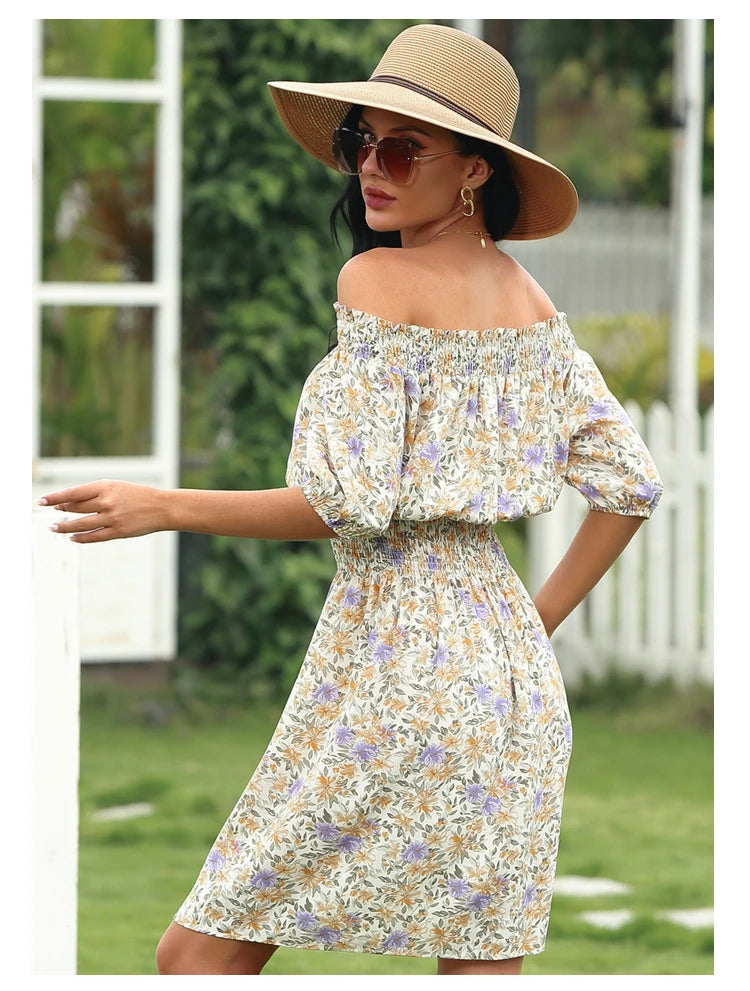 2025 Spring and Summer New Women's Random Printed Pullover Dress One Collar Midi Dress Beach Seaside Holiday - Clikcy