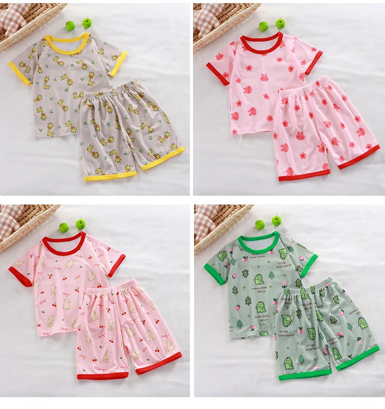 2024 New Boys Girls Summer Thin Clothing Sets Kids Cute Cartoon Print Short Sleeve T-Shirt Tops with Shorts Toddler Baby Pajamas - Clikcy