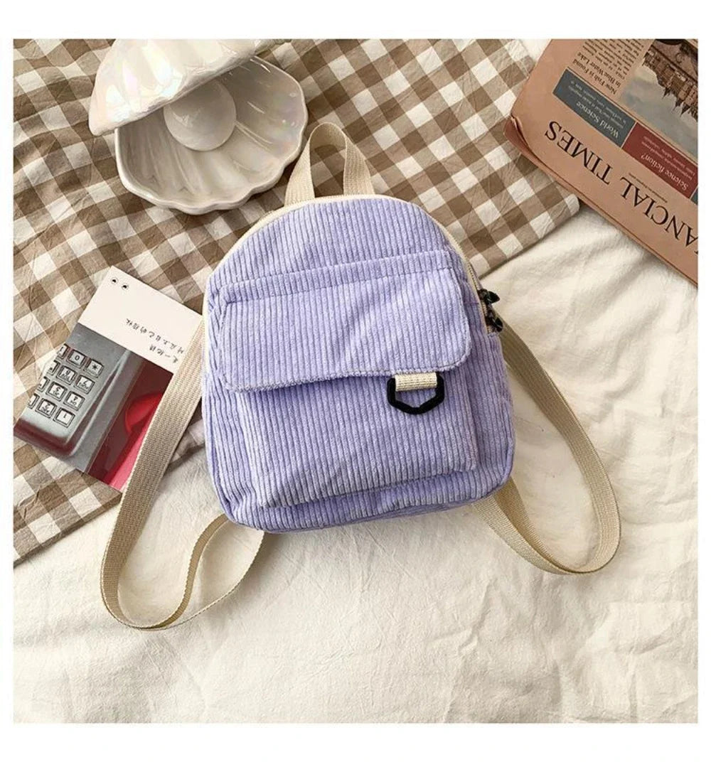 Women's Mini Backpack Fashion Solid Color Corduroy Small Simple Casual Traveling Large Capacity Durable Female's Schoolbag - Clikcy