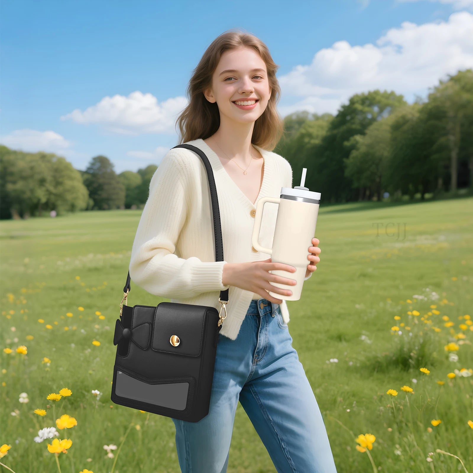 Outdoor Water Bottle Crossbody Bag With Pocket for Stanley Cup 40 oz Tumbler Leather Water Cup Holder With Strap for Women Gifts - Clikcy