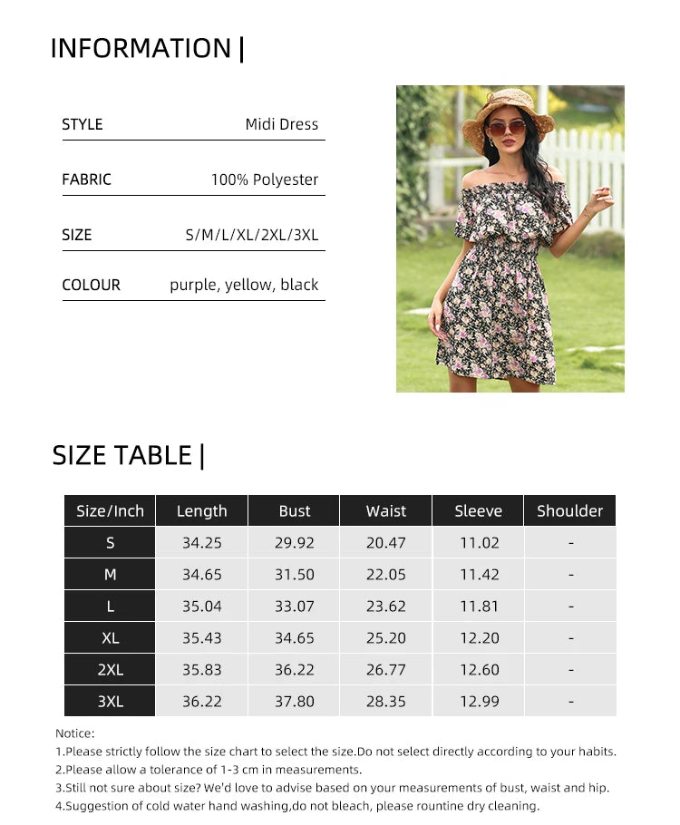 2025 Spring and Summer New Women's Random Printed Pullover Dress One Collar Midi Dress Beach Seaside Holiday - Clikcy