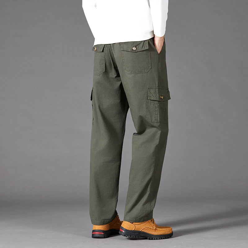 100% Cotton Men's Cargo Pants Straight Fit Loose Work Trouser Male Spring Summer High Waist Big Size Large Plus Elastic Pocket - Clikcy