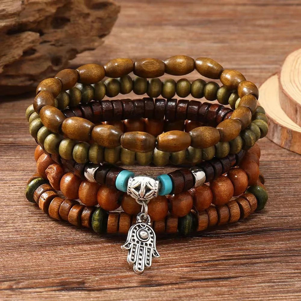 Cross Life Tree 5Pcs/set Vintage Bronze Ethnic Casual Wood Beads Feather Charm Leather Women Bracelets Men Male Jewelry - Clikcy
