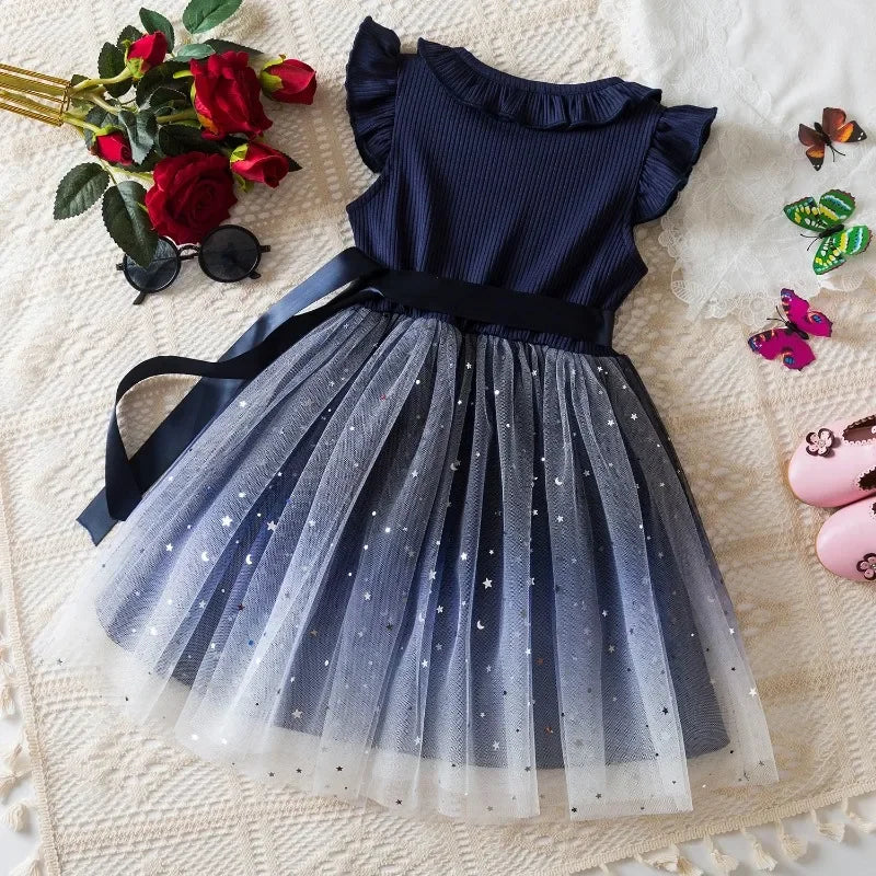 New Children's Dress for 3-8 Yrs Summer Dress Lotus Leaf Edge Design Bow Lace Up Star Sequin Sweet  Tulle Kids Dresses for Girls - Clikcy
