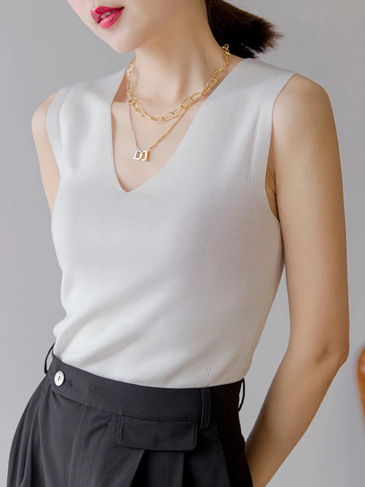AOSSVIAO 2025 Summer Women Knitted Tank Tops Women Thin Tops Basic Casual Tank Tops V-neck Tees Sleeveless Tops For Women - Clikcy