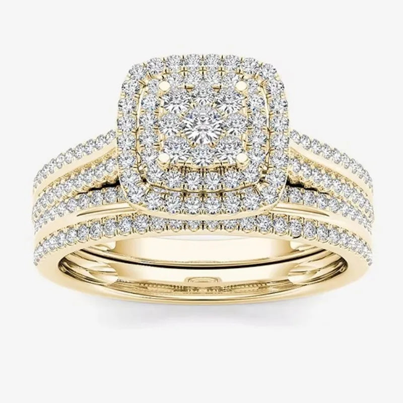 Delicate Gold Color Square Geometry Ring for Women Luxury Metal Inlaid White Stones Ring Set Jewelry - Clikcy