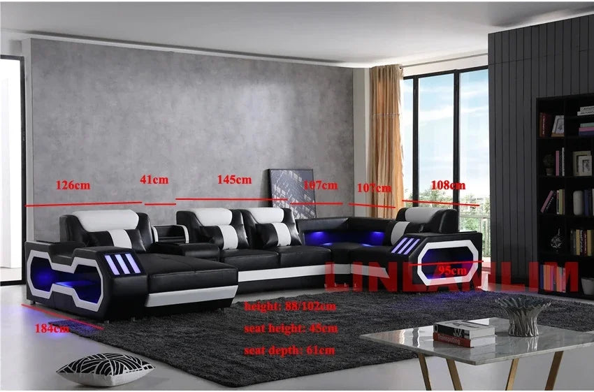 LED Lighted Sofa Set with Recliner, Speaker & USB Ports | Genuine Leather Sectional Couch with Console & Adjustable Headrests - Clikcy