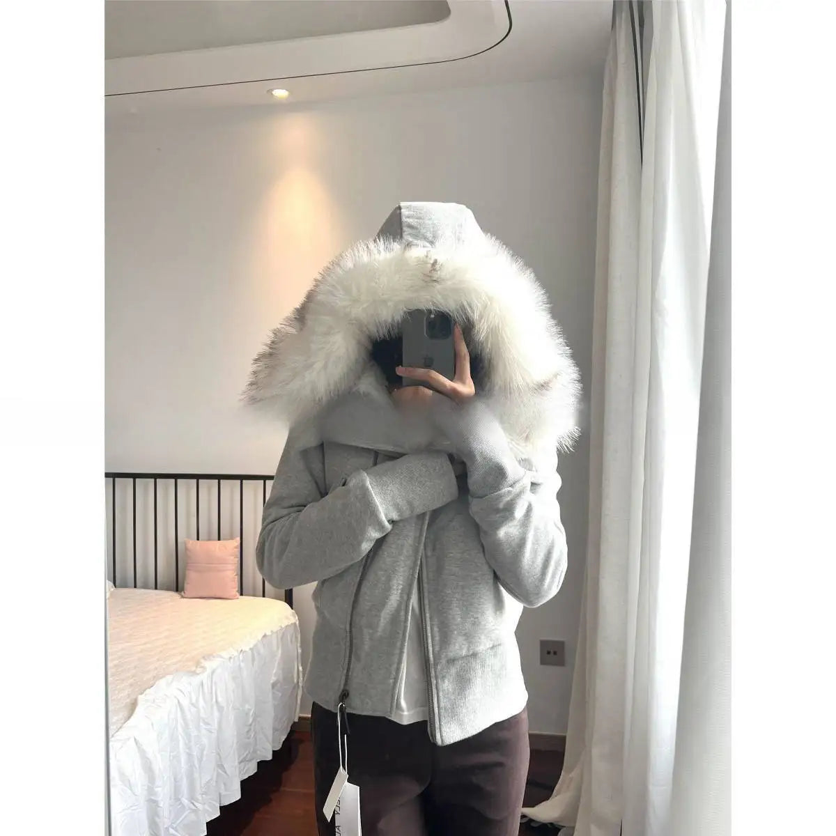 American Fashion Trend New Gray Padded Hooded Sweater Coat Female Y2K Harajuku Vintage Popular Casual Joker Zipper Cardigan - Clikcy