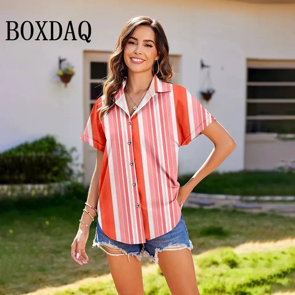Summer Women'S Shirt Vintage Striped Lapel Blouses Women'S Plus-Size Loose Short Sleeve Tops Fashion Button Casual Blouse Shirt - Clikcy