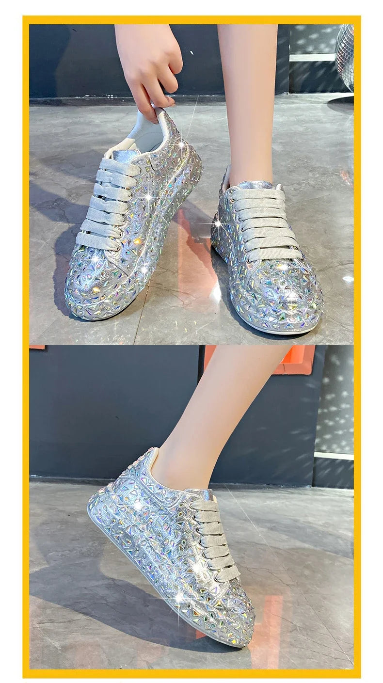 2025 Autumn Leather Women Shoes New Style Fashion Platform Shoes Ins Platforms Sneakers Tide Shine Bling Rhinestone Shoes - Clikcy