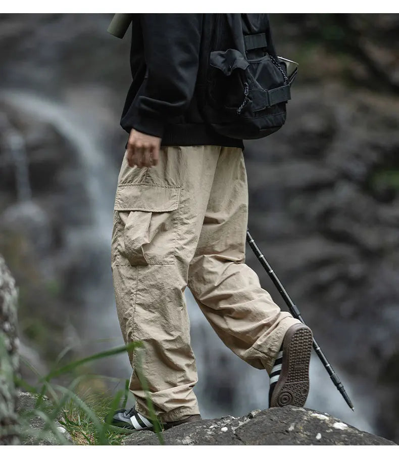 TFETTERS 2025 Autumn Casual Pants Men Waterproof  Thin Mid Waist Solid Color Men Cargo Pants Tourism Outdoors Riding Trousers - Clikcy