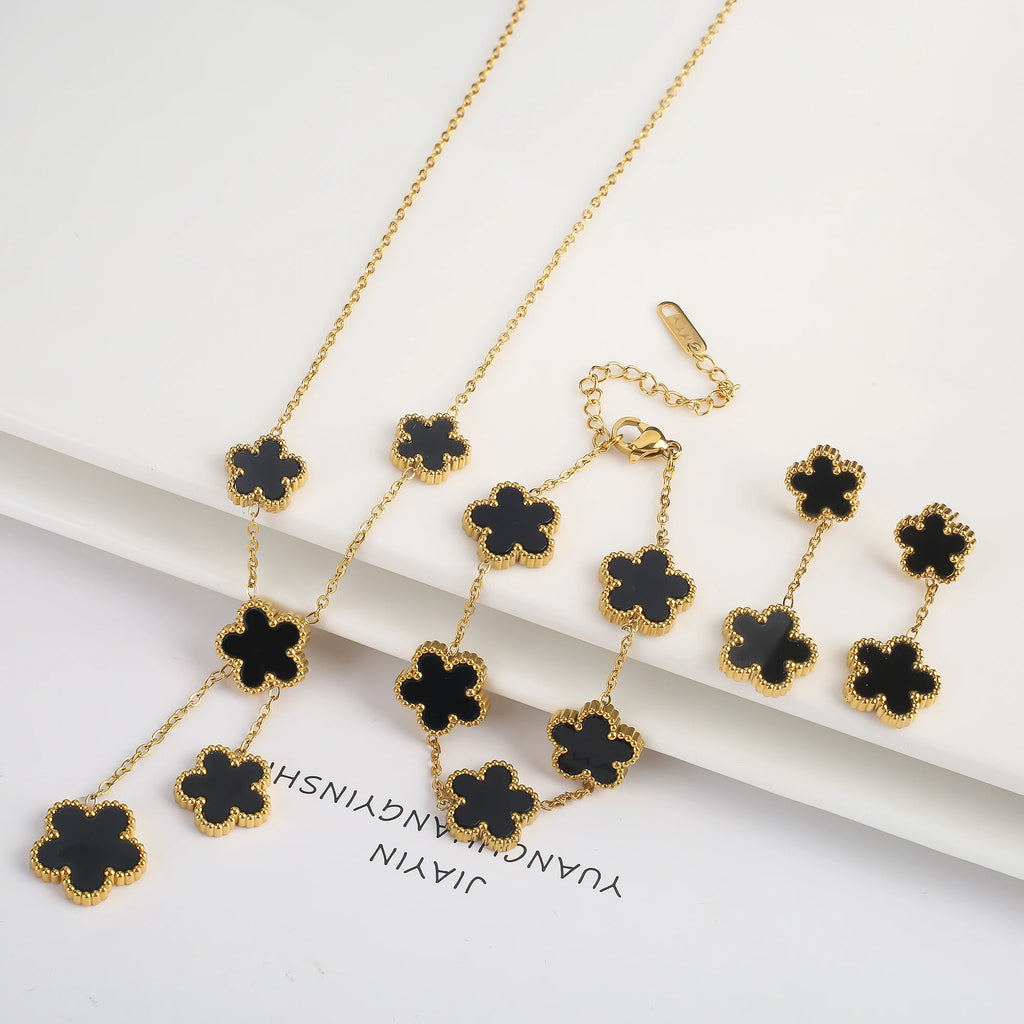 3Pcs 18k Gold-Plated Five-Leaf Flower Necklace Earrings Bracelet Jewelry Set For Woman Fashion Party Jewelry Daily Wear Clover - Clikcy