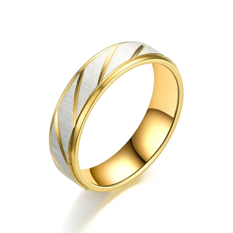 Fashion Gold Stripes Couple Rings 6mm 4mm Stainless Steel Contrast Color Jewelry Valentine's Day Gifts - Clikcy