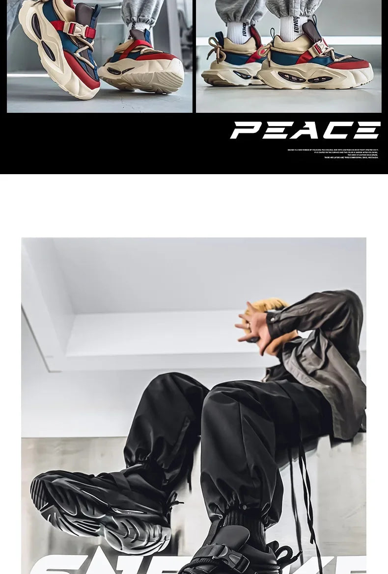 Waterproof Thick Bottom Dad Shoes Outdoor Sports Black Leather Surface Pure Color Spring Autumn Seasonal Style Casual Sneakers