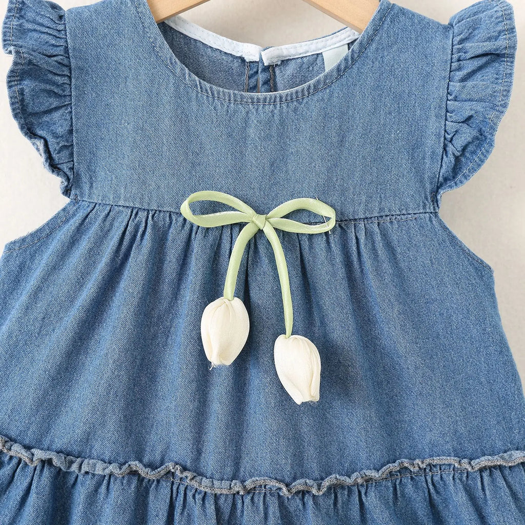 2025 Baby Girls Summer Dress Denim Children Tulip Love Bow Casual Clothes Cotton Soft and Comfort for Kids 1-4 year - Clikcy