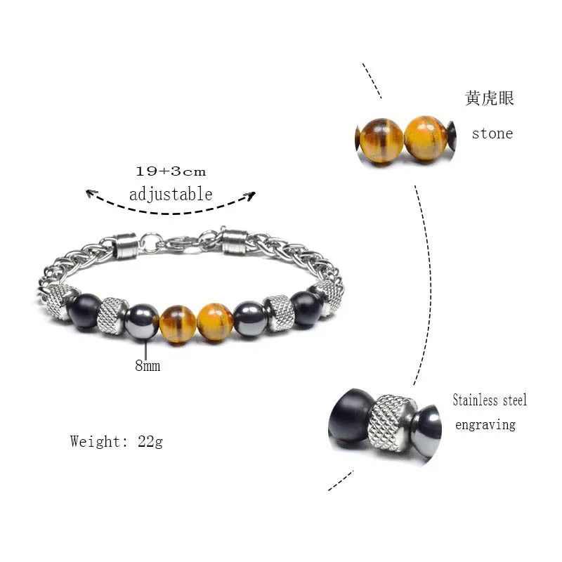 Elviragirl Natural Stone Beaded Bracelet For Women Men Stainless Steel Tiger Eye Bracelets Male Jewelry Size Adjustable - Clikcy