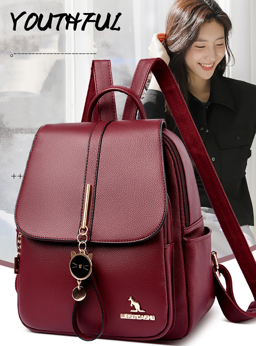 College Women Backpack Designer Soft Leather Vintage Packbag Female Travel Back Pack School Bags for Teenage Girls Shoulder Bag - Clikcy