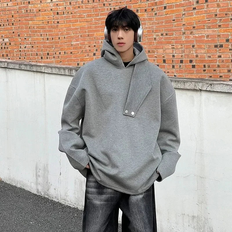 Autumn Y2K Vintage Turtleneck Design Hooded Sweatshirts Men's Solid Color Pullover Hoodies New High Street Fashion Tracksuit - Clikcy