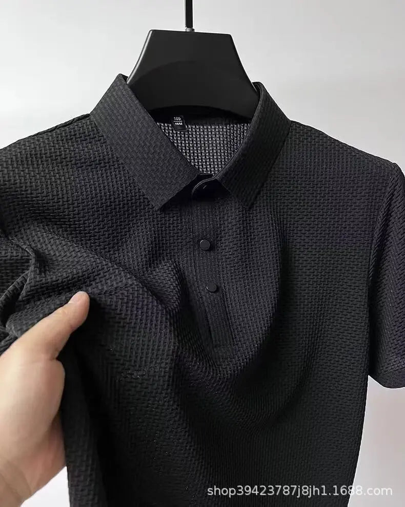 New style ice silk jacquard polo shirt short sleeve summer men's t-shirt casual business fashion stand collar t-shirt men - Clikcy