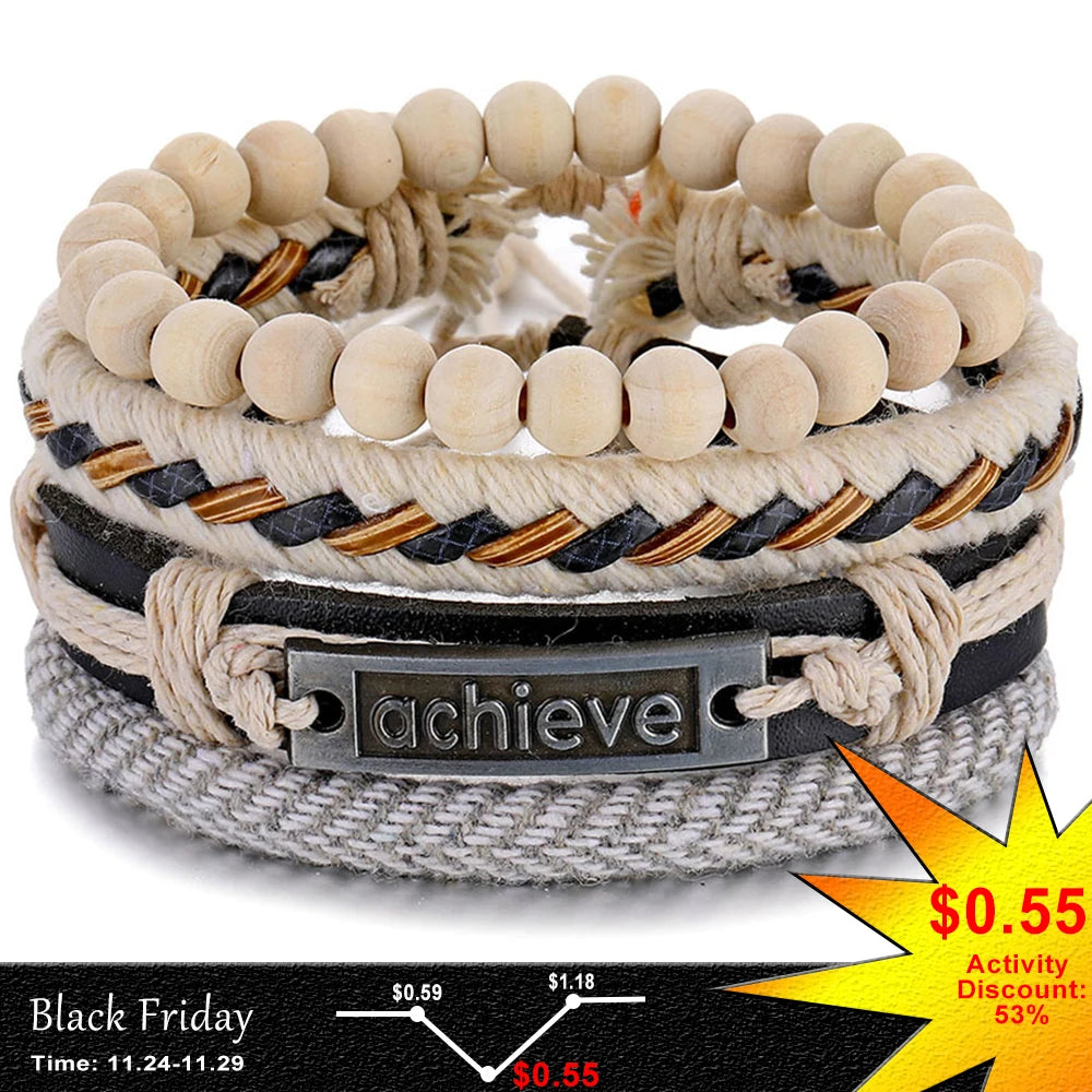 IFMIA Fashion Beads Leather Wrap Bracelet Set Men New Design Wristband Multiple Bracelets & Bangles Party Wedding Jewelry Gifts - Clikcy