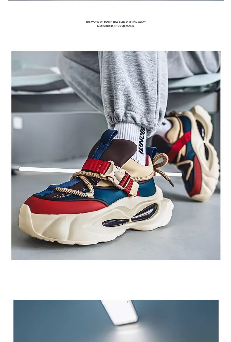 Waterproof Thick Bottom Dad Shoes Outdoor Sports Black Leather Surface Pure Color Spring Autumn Seasonal Style Casual Sneakers