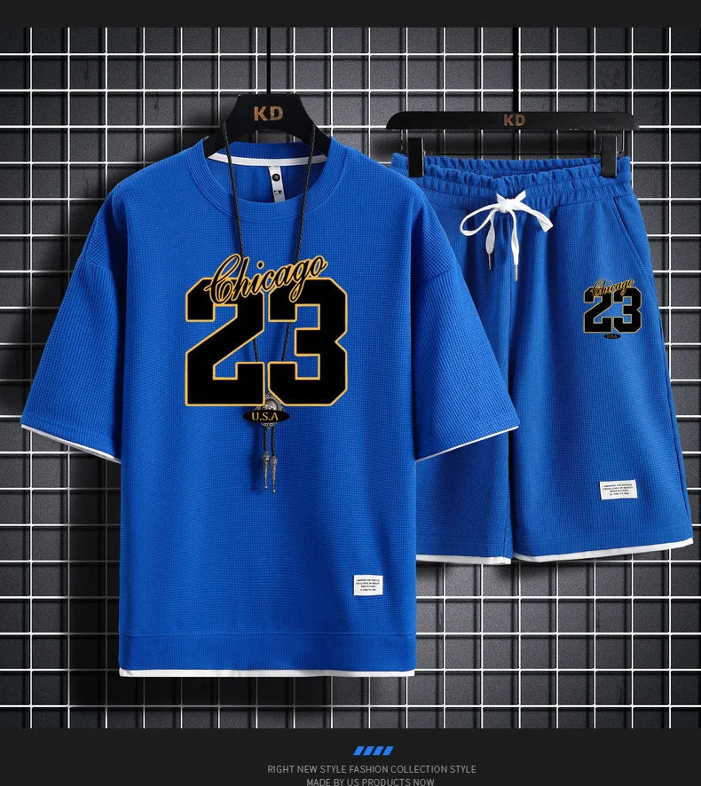 High Quality Men's Korea Comfortable and Summer  Fashion Print Sports Suit Fitness Jogging Daily Casual Wear Beach Shorts Set - Clikcy